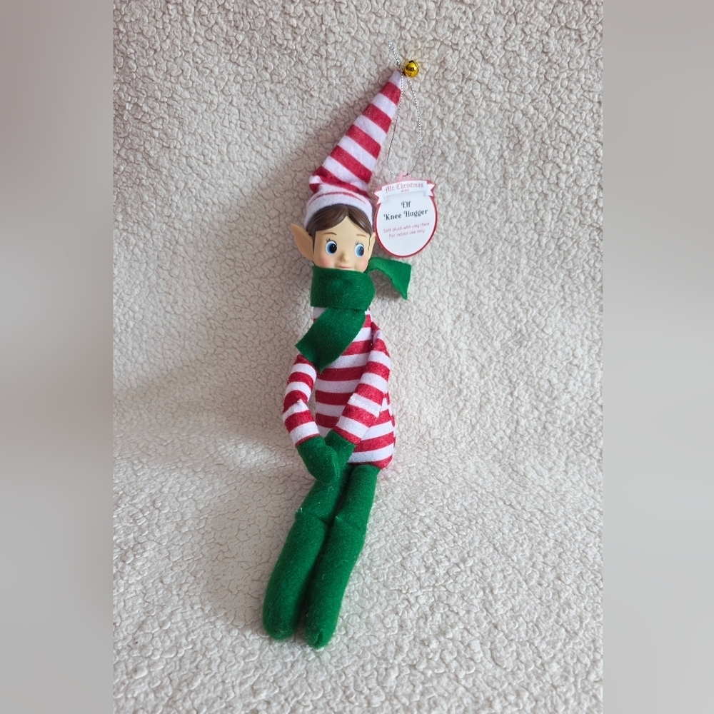 New Mr. Christmas Brunette Elf Knee Hugger Vintage style 6.5” in striped outfit